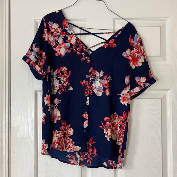 Sandy & sid floral navy pink short sleeve open stringy back blouse top shirt - Picture 1 of 17